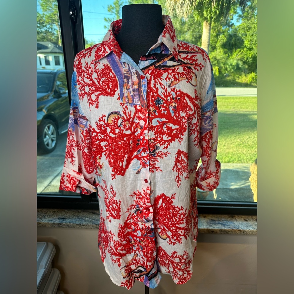 Antica Sartoria Vibrant Red Coral Print 100% Cotton Blouse Resortwear SZMedium